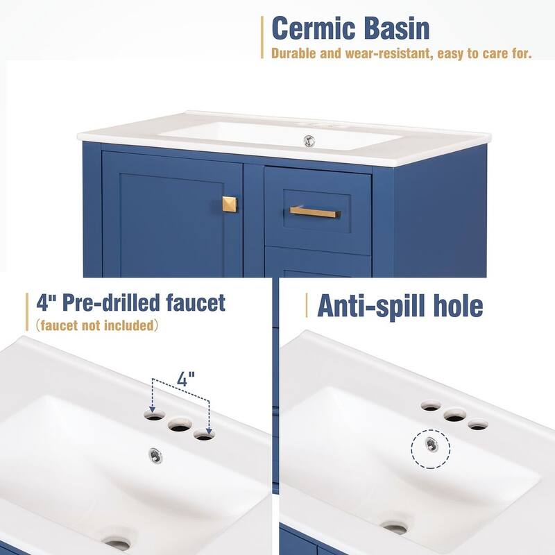 30" Elegantly Modern Bathroom Vanity with Sink Combo Set and 1 Soft Closing Door and 3 Drawers
