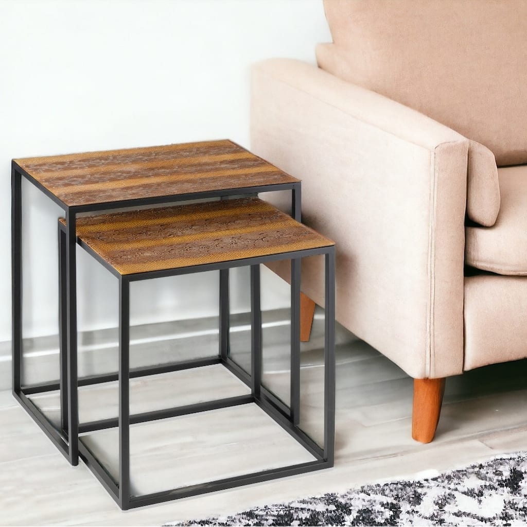 HomeRoots Set of Two Brown and Black Metal And Faux Snake Leather Nesting End Tables - 19.75' X '22' X '14