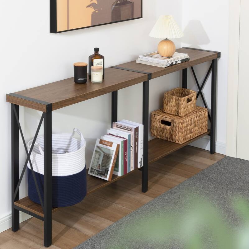 Farmhouse Console Table, Long Sofa Table with Shelf for Living Room, Entryway, Hallway - 31.06'' H X 70.87'' W X 11.81'' D - Antique Oak