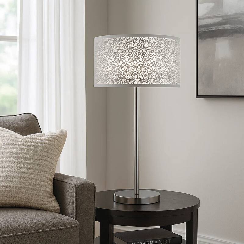 27 Inch Table Lamp with Metal and Fabric Shade, Sleek Chrome Finish