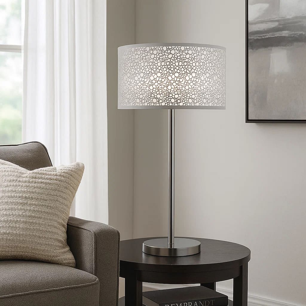 27 Inch Table Lamp with Metal and Fabric Shade, Sleek Chrome Finish