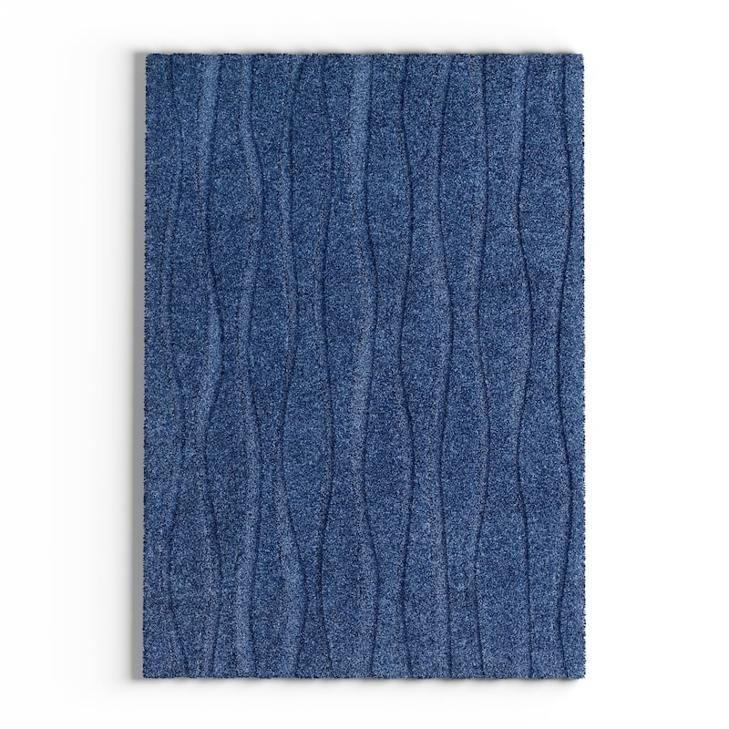 Carson Carrington Holstebro Blue/Gold Wavy Stripe Shag Area Rug