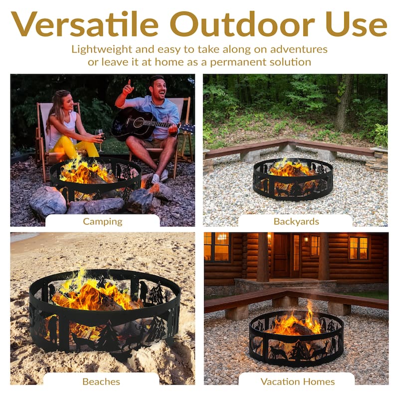 Forest Wilderness Black Steel Fire Pit Ring with Cutouts - 36"