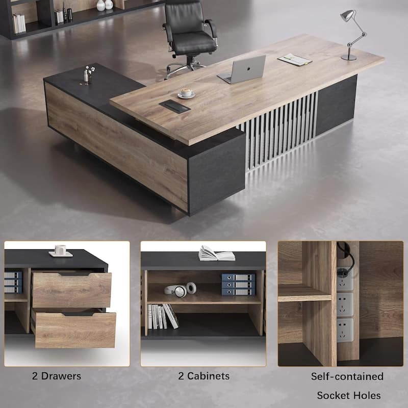 Large L-Shaped Executive Desk with Drawers Cabinet Cable Management - 78.74"-Right Return - Multi