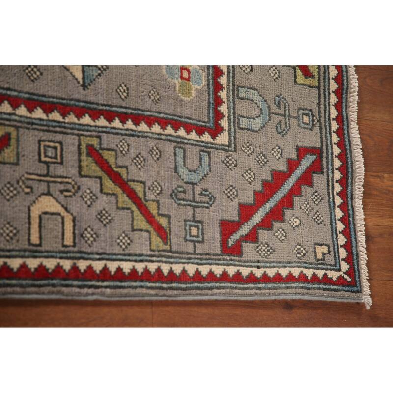 Geometric Gray Kazak Oriental Area Rug Handmade Wool Carpet - 6'4" x 9'0"