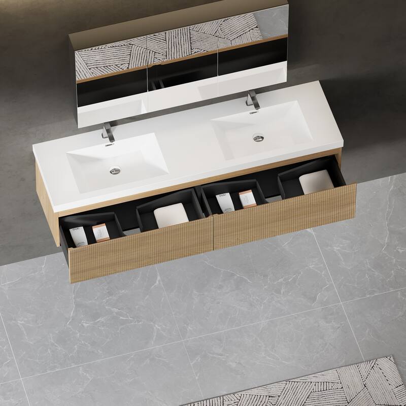GDFStudio - Harrison 72-Inch Floating Double Bathroom Vanity with Solid Surface Basins and Fluted Storage Drawers