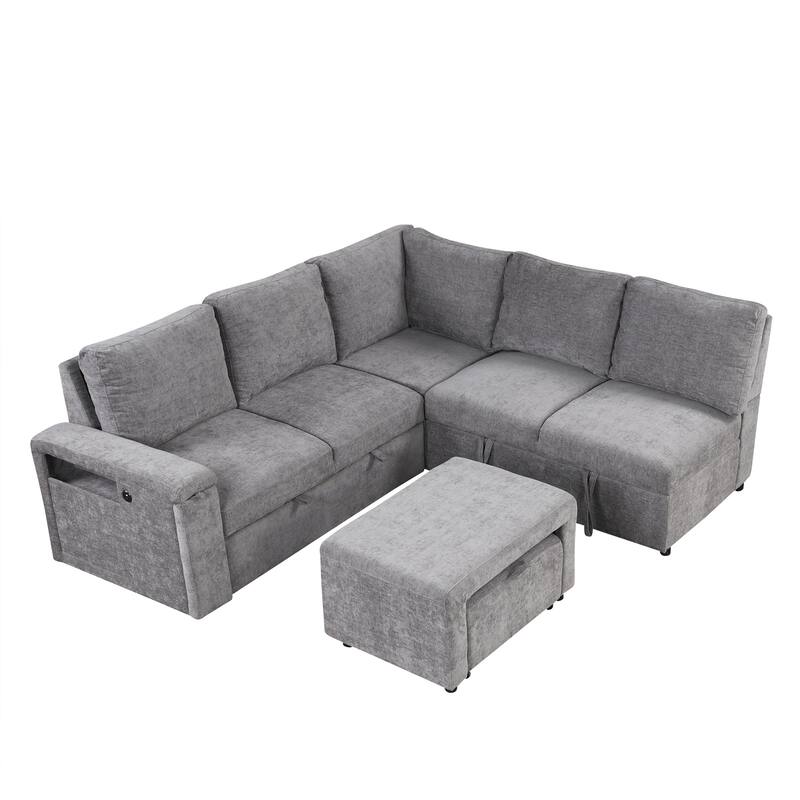 Gray L-shaped Convertible Sofa with Storage Space, USB Ports, and Cup Holders on the Armrests for Living Rooms