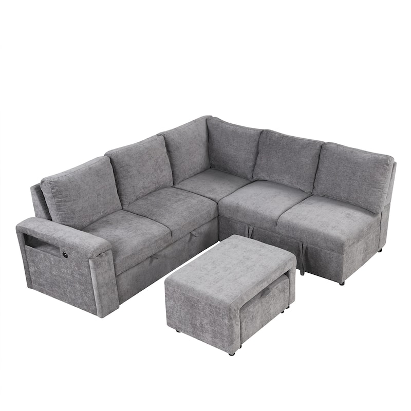 Grey 90.6'' L-Shaped 6-Seat Modular Sofa with Built-In Storage and USB Ports
