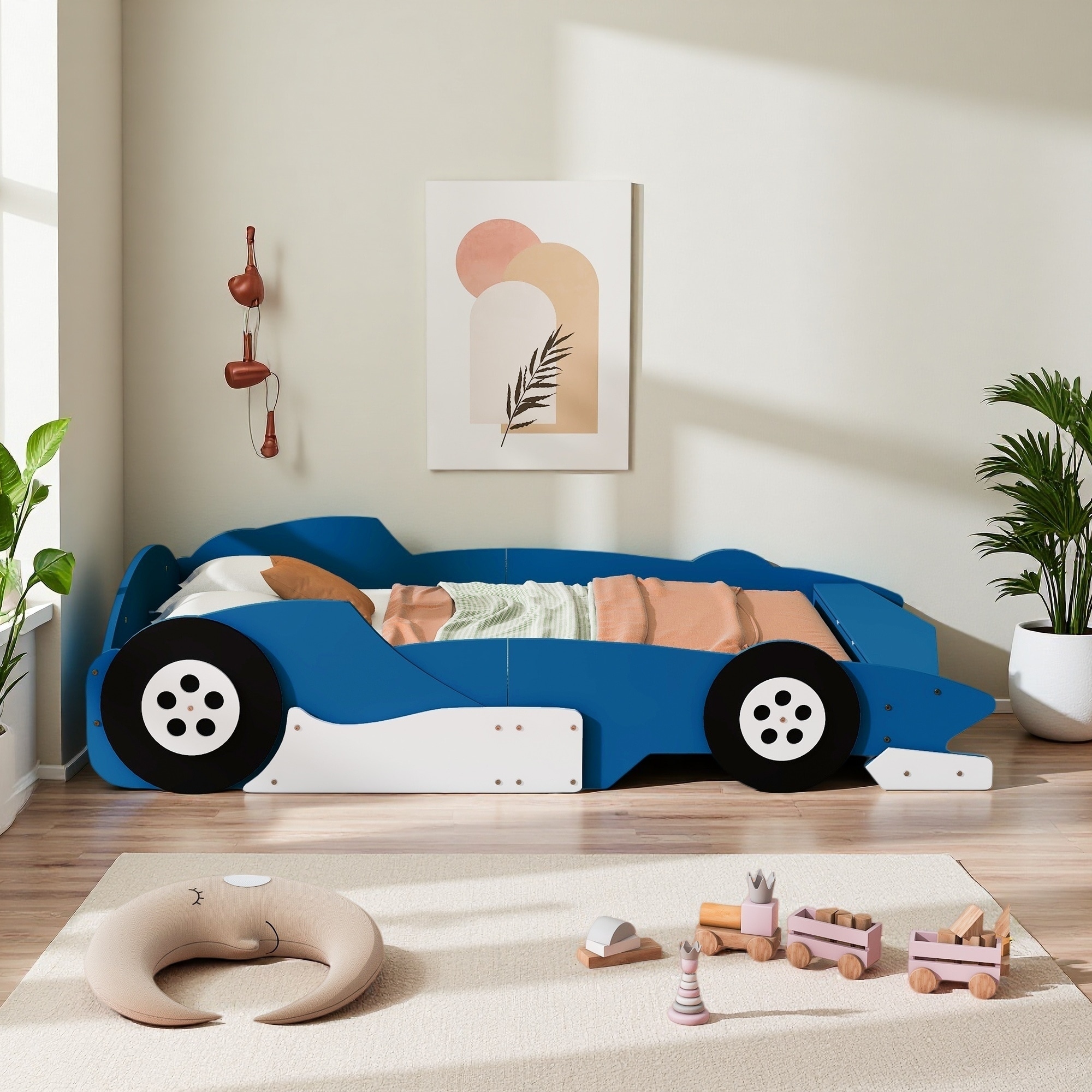 Plywood Race Car-Shaped Platform Bed with Wheels