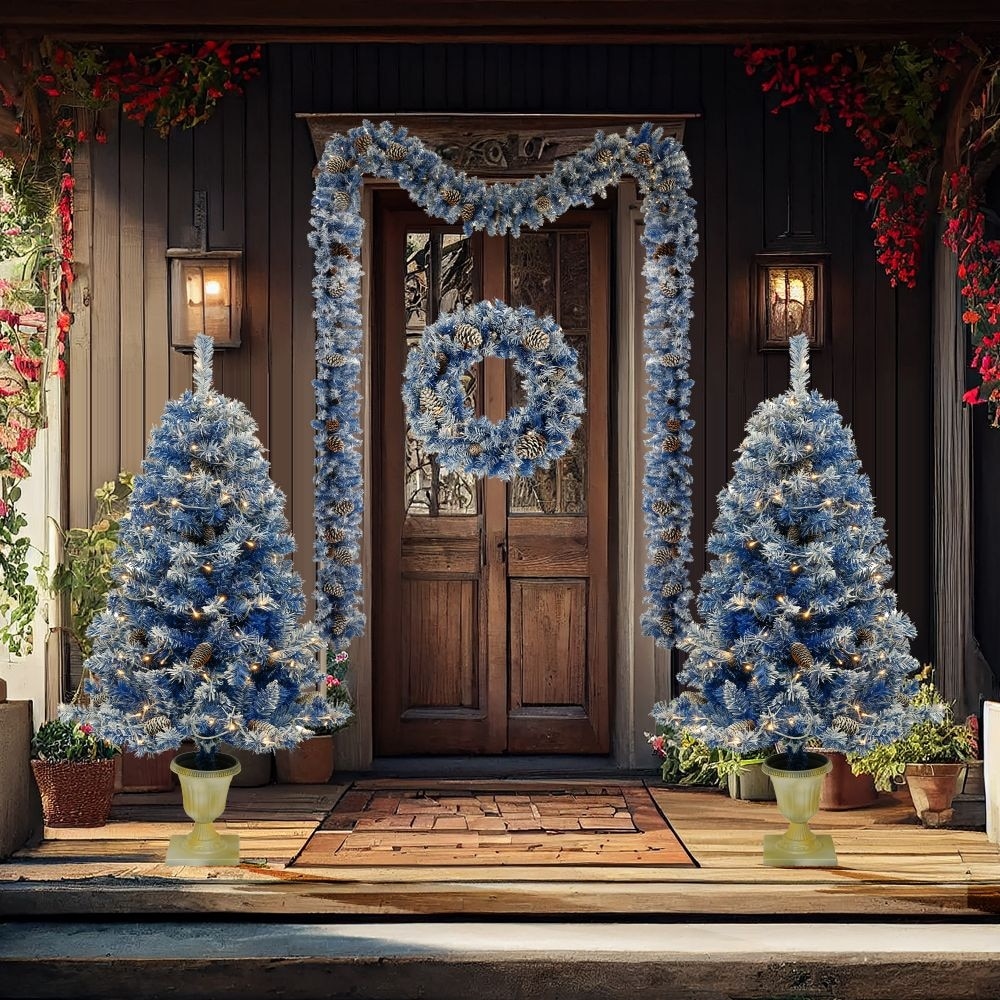 Pre-lit Xmas Tree Artificial Christmas 4-Piece Set,Blue - Blue