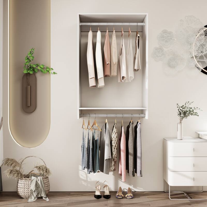 Modular Closet System Organizer with Hanging Rod and Adjustable Shelves, Wall-Mounted Walk in Closet Organizer with Drawers