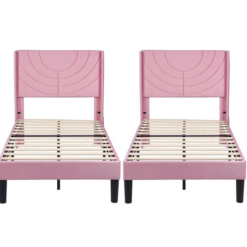 Kids Bed Frame, Height Adjustable Upholstered Bed, Twin Size Bed Set of 2 - Pink