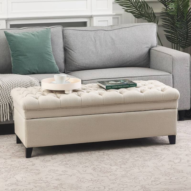 Adeco Linen Rectangle Storage Ottoman for Living Room Bedroom