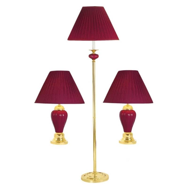 3-Piece Gold Ceramic Lamp Set 64” Floor Lamp & 2 Table Lamps with Red Empire Fabric Shades - 64" x 10" x 10"