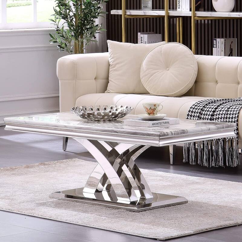 Modern Coffee Table 48‘’ Rectangular Coffee Table with X Base Pedestal Coffee Tables for Living Room - Silver
