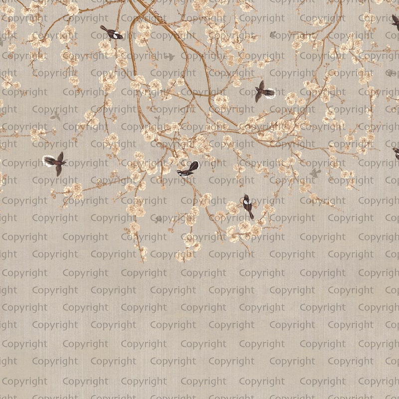 Blooming Cherry Blossoms Chinoiserie Wallpaper Mural - Brown - W:204" x H:110"