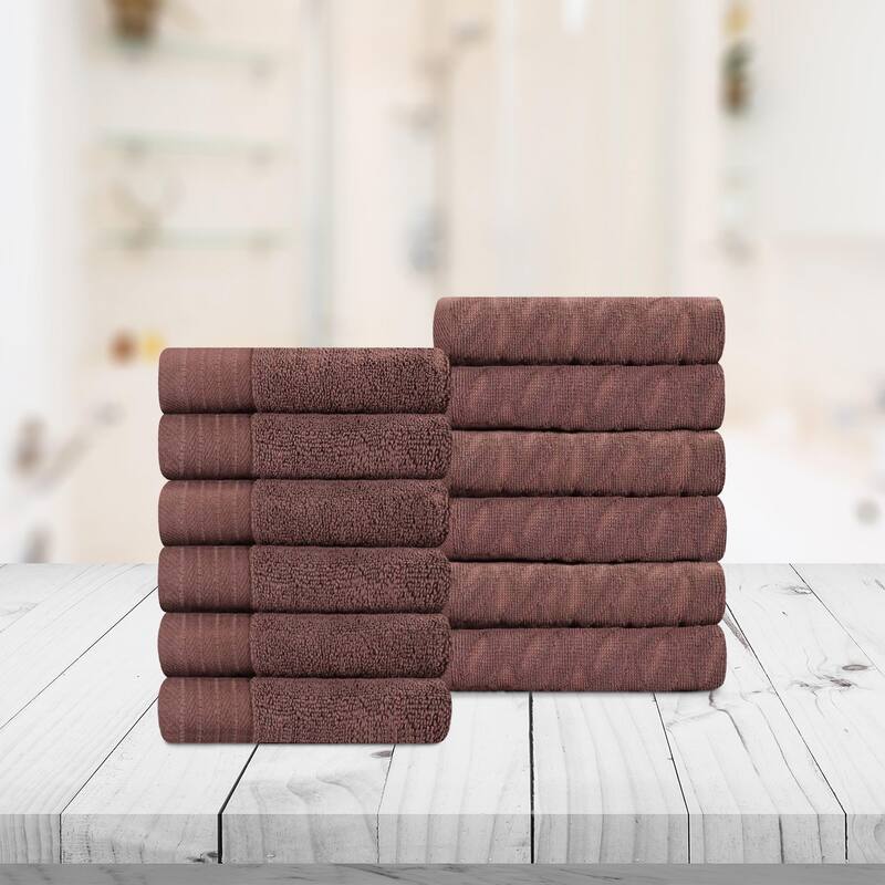Turkish Cotton Herringbone and Solid Washcloth Towel Set by Superior - Chocolate