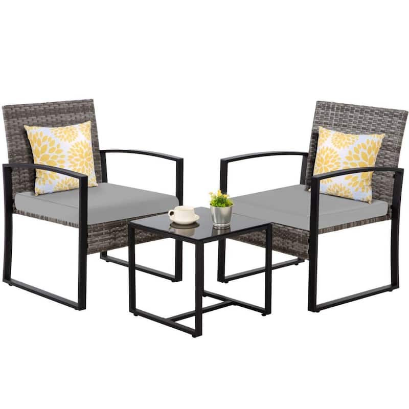 3-Piece Wicker Bistro Set, Outdoor Patio chairs & Coffee Table - set of 3 - Grey/Grey