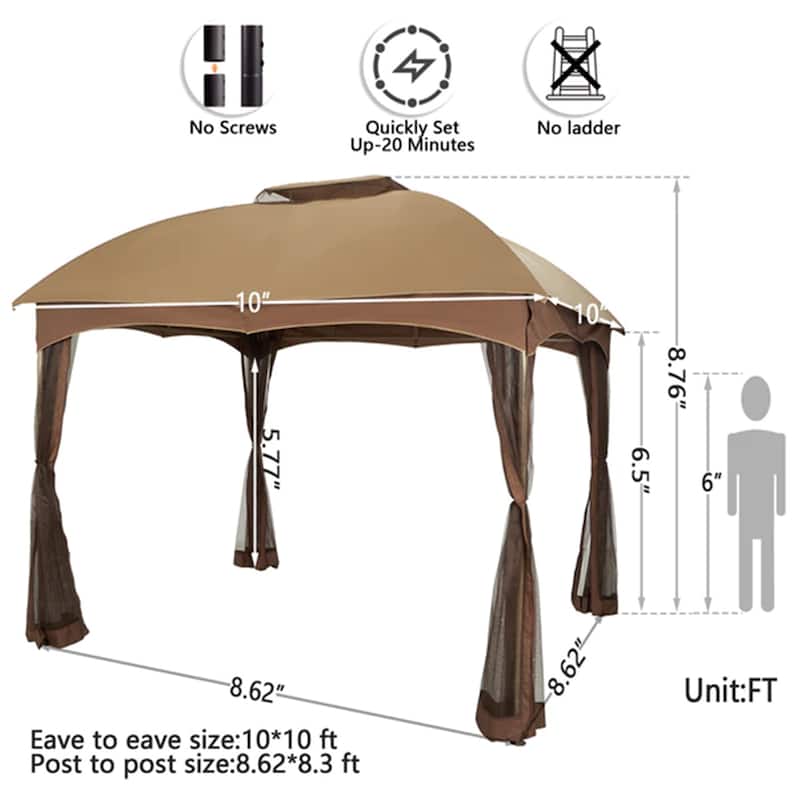 10ft x 10ft Pop Up Double-vented Gazebo with Mosquito Mesh Netting Walls