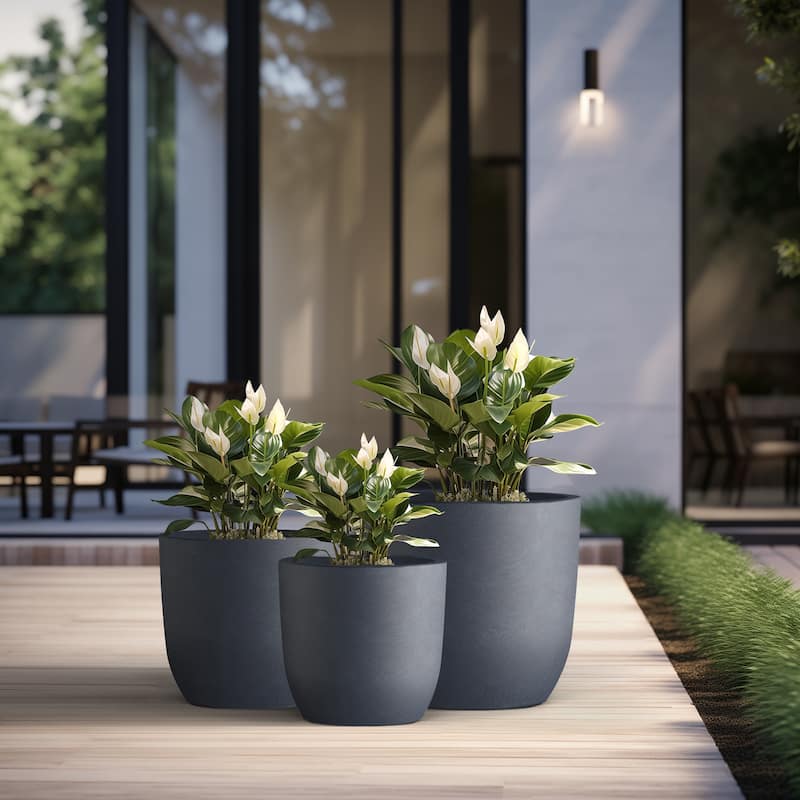 Tall Concrete Round Plant Pots / Large Indoor and Outdoor flower Planters - 13.5 Inch x 13 Inch - Granite Gray