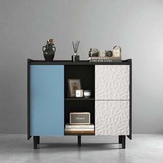 35" Modern Black Buffet Storage Cabinet with Unique Drawer Panels, 2 Doors and Open Shelves, Accent Sideboard