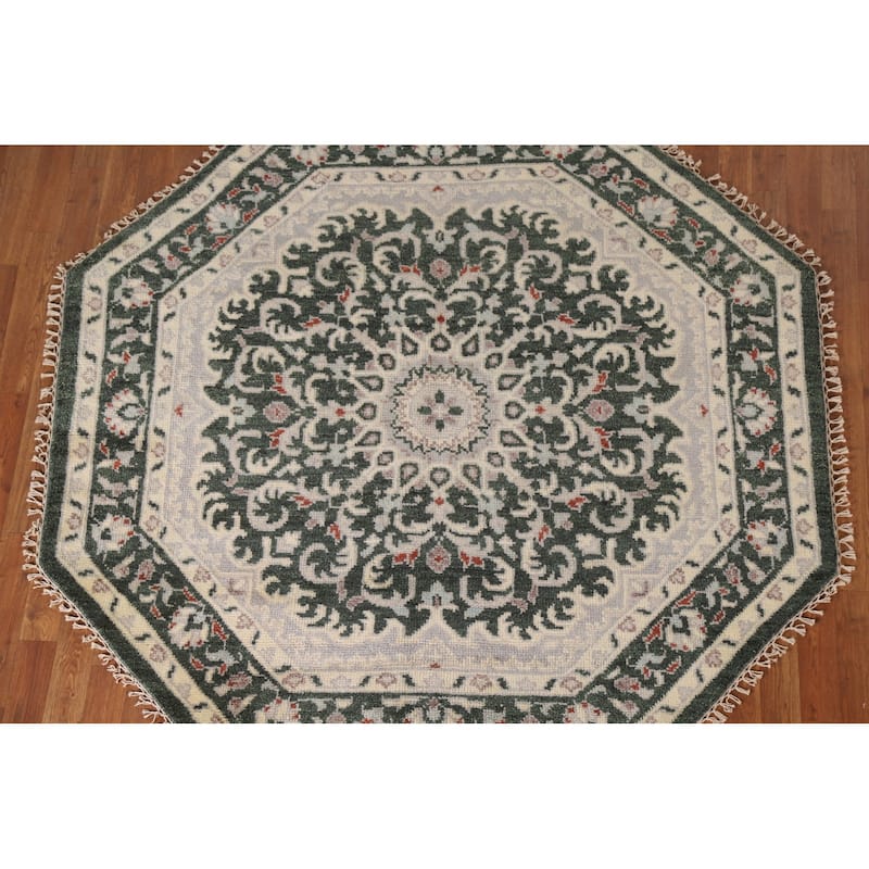 Green Heriz Serapi Indian Octagon Rug Hand-Knotted Wool Carpet - 5'11"x 5'11"