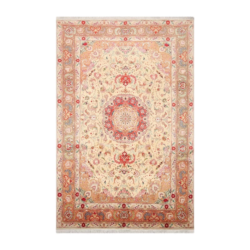 Hand Knotted Ivory Persian Wool & Silk Traditional Oriental Area Rug - 6' 7'' x 10' 2''