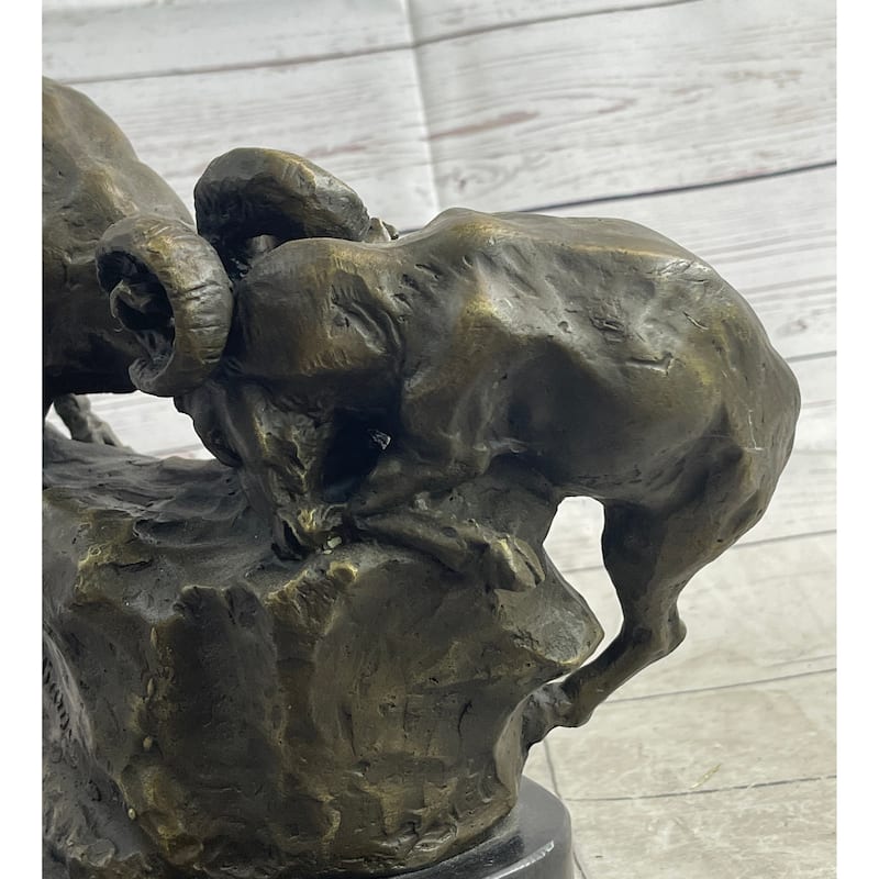 Two Rams Butting Heads Bronze Sculpture Statue Signed Art On Marble Base