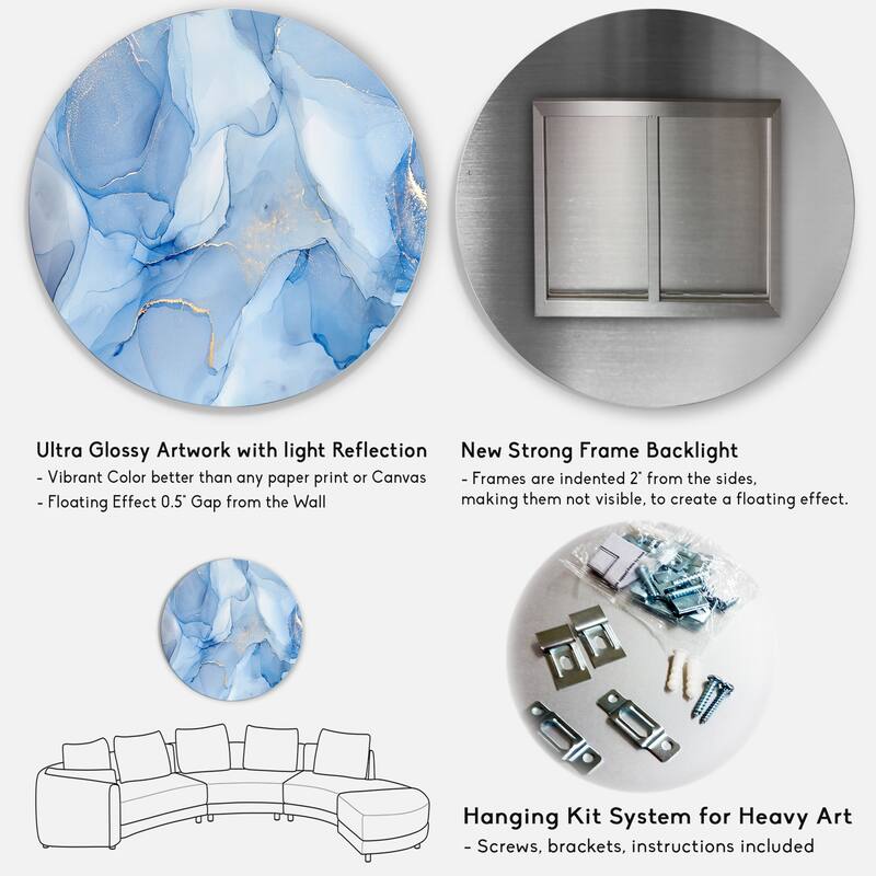 Designart 'Liquid Ink Art In Shades Of Light Blue I' Modern Metal Circle Wall Art