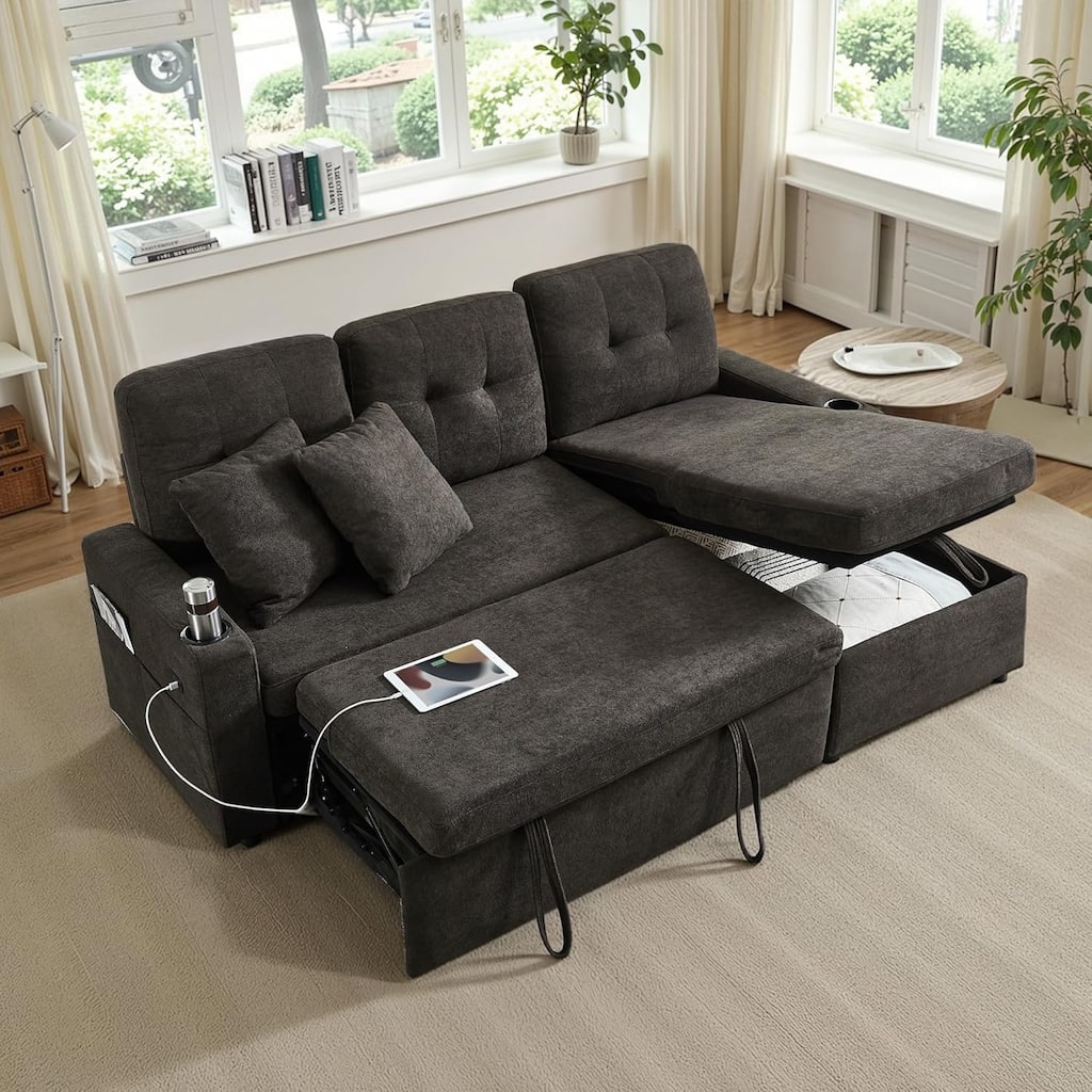 Reversible Sectional Sofa Couch,Sleeper Sofa Bed with Storage Chaise Pull Out Couch for Living Room,USB Charge,Cup Holder