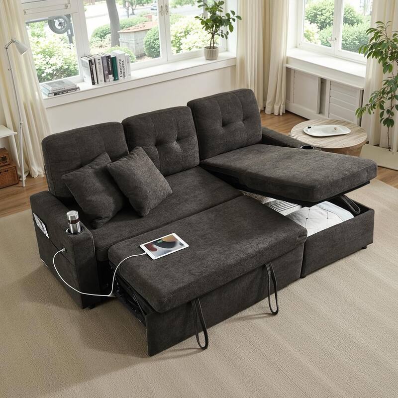 Reversible Sectional Sofa Couch,Sleeper Sofa Bed with Storage Chaise Pull Out Couch for Living Room,USB Charge,Cup Holder - Grey