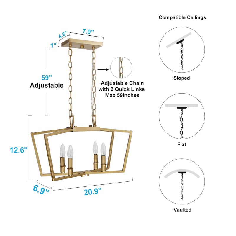 Rella Modern Gold 4-Light Cage Chandelier Candle Linear Lantern Kitchen Island Hanging Lights - L21"xW7"xH12.5"