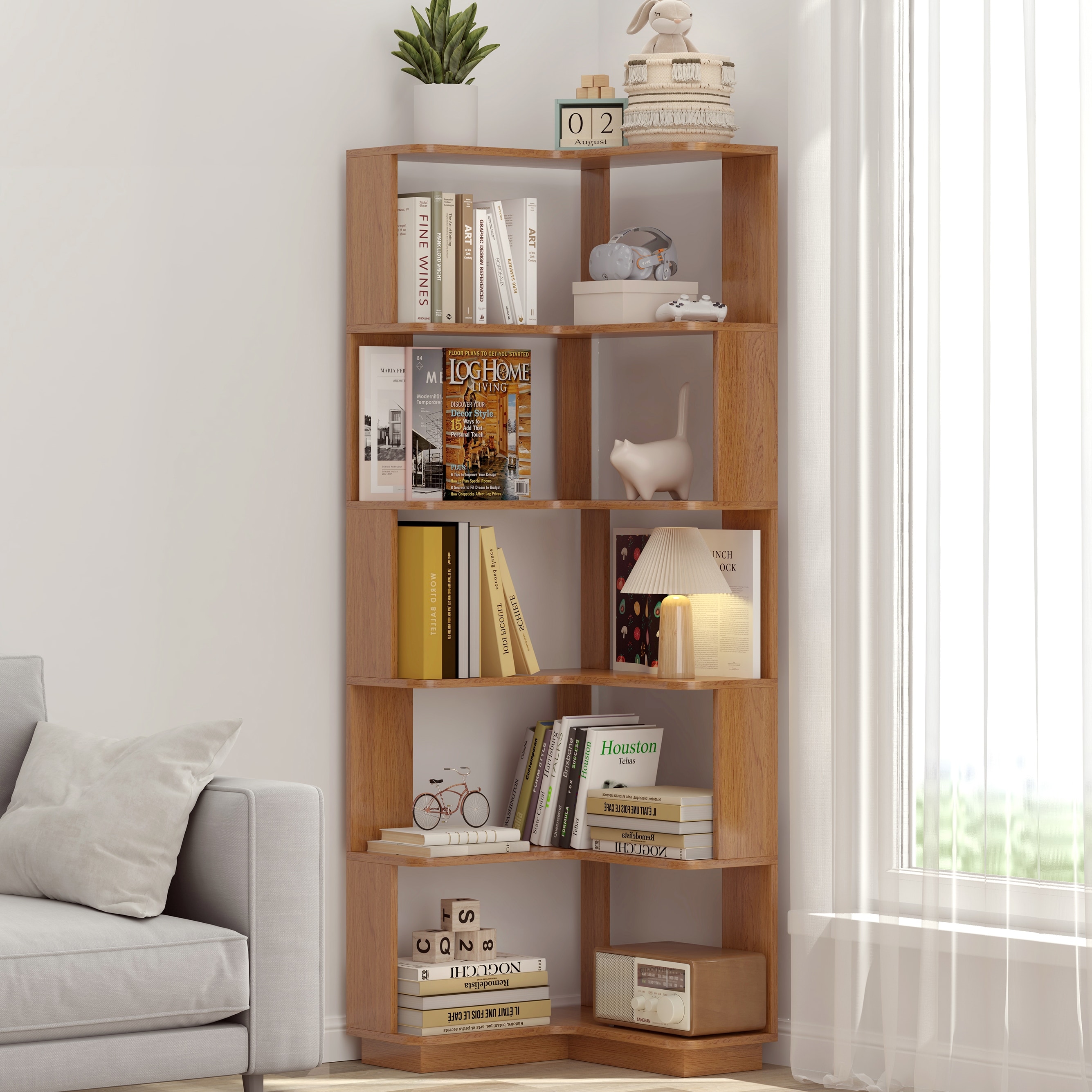 6 Tier Freestanding L-Shaped Corner Bookshelf For Living Room, Bedroom, Wooden Bookcase with anti tipping device