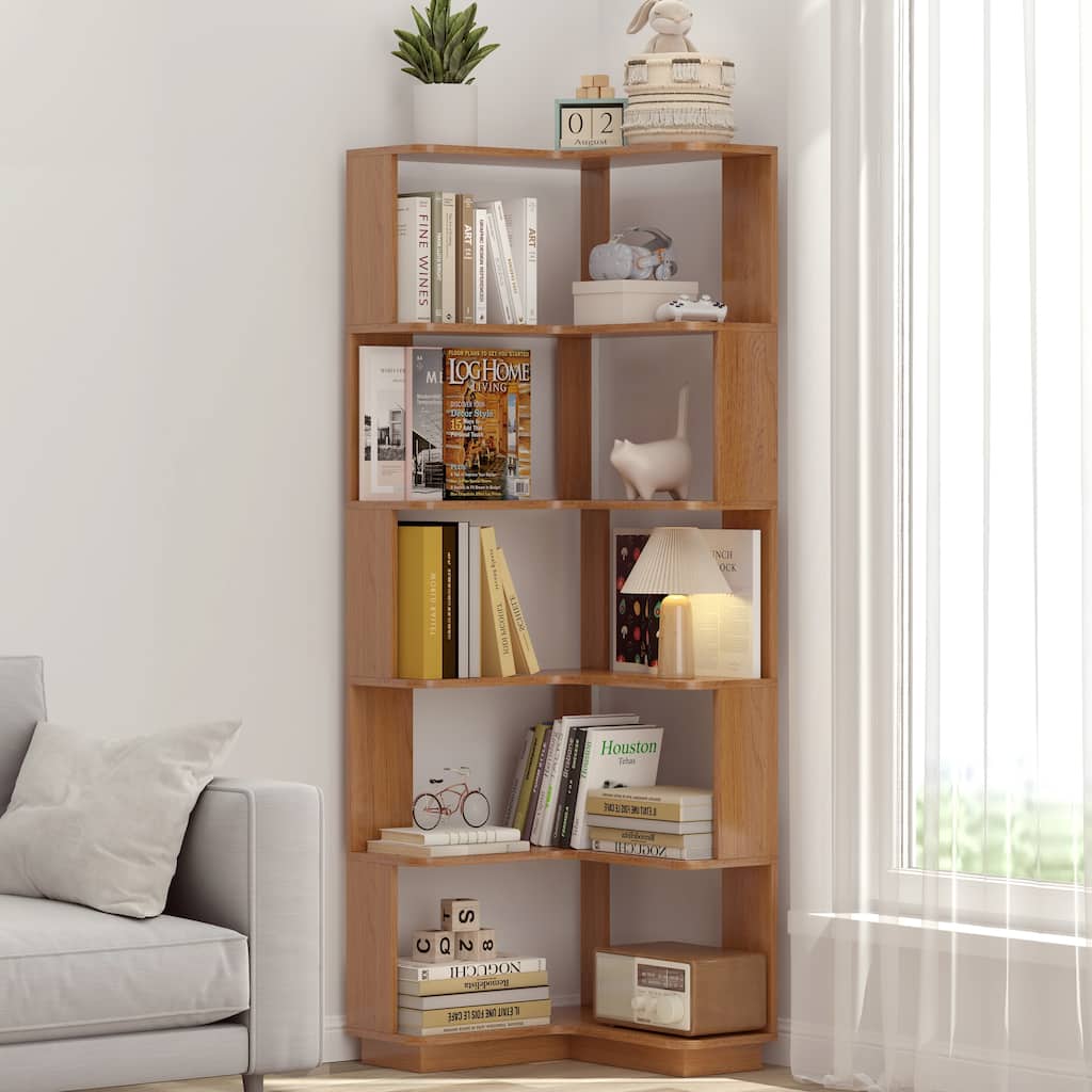 Anmytek 6 Tier L-Shaped Corner Bookshelf Storage Display Shelf Dark Oak