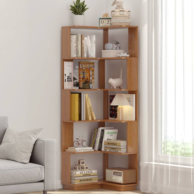 GDFStudio - Elysande Wood Corner Bookcase with 6-Tier Anti-Fall Design - Dark Oak