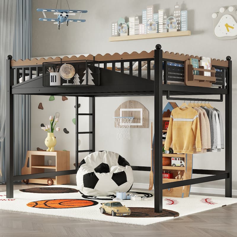 Modern Metal Loft Bed with Shelves & Bookshelf, Ladder Entry, No Box Spring Needed, Multi-Size - Black - Queen