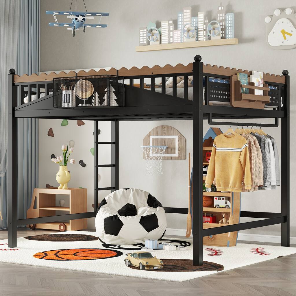 Queen Size Loft Bed with Ladders, Metal Loft Bed with Storage Shelves and bookshelf, No Box Spring Needed and Chic Design