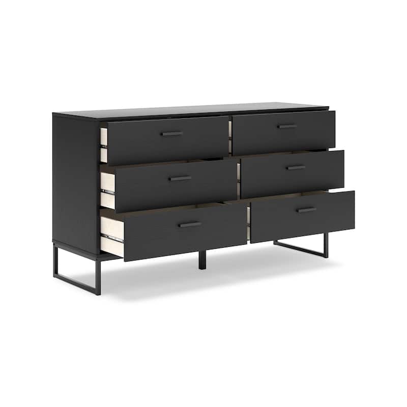 Alli Wide Dresser, 6 Drawers, Matte Black Wood, Metal Base, 59 Inch