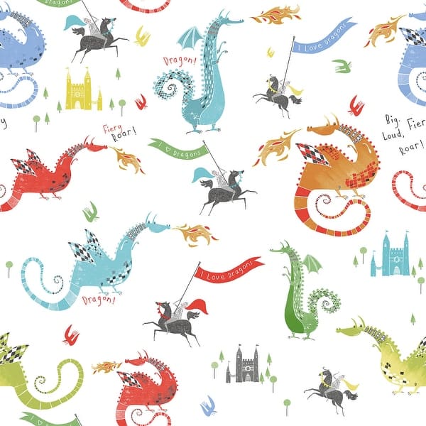 slide 2 of 4, Galerie Wallcoverings Tiny Tots 2 Dragons Non-woven Matte Wallpaper Roll 33 feet x 21 inches - Green/Red/Blue