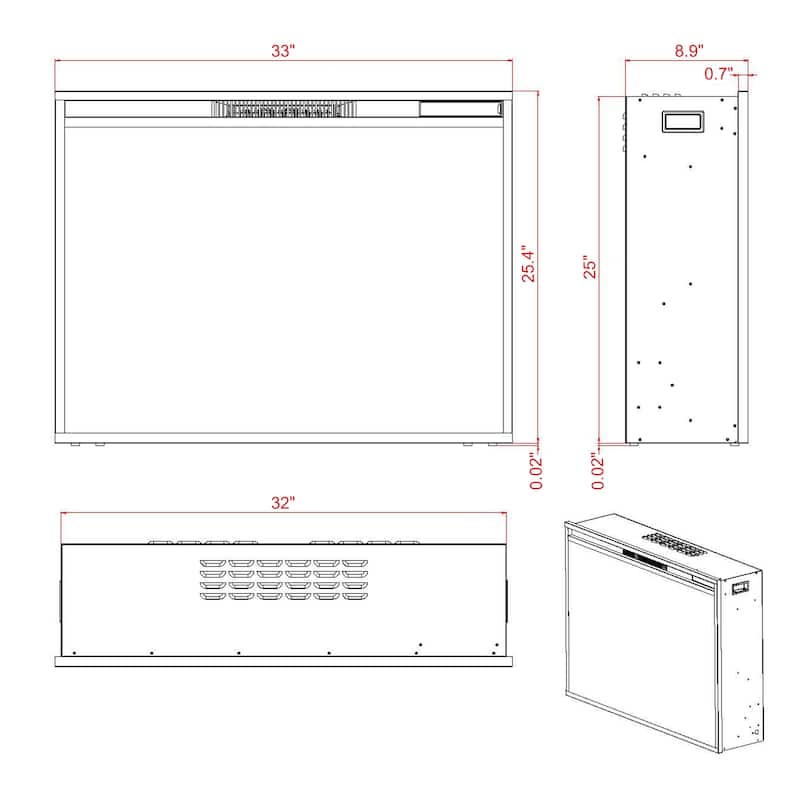 Modern Black Wall-mounted Electric Timer Fireplace with Remote