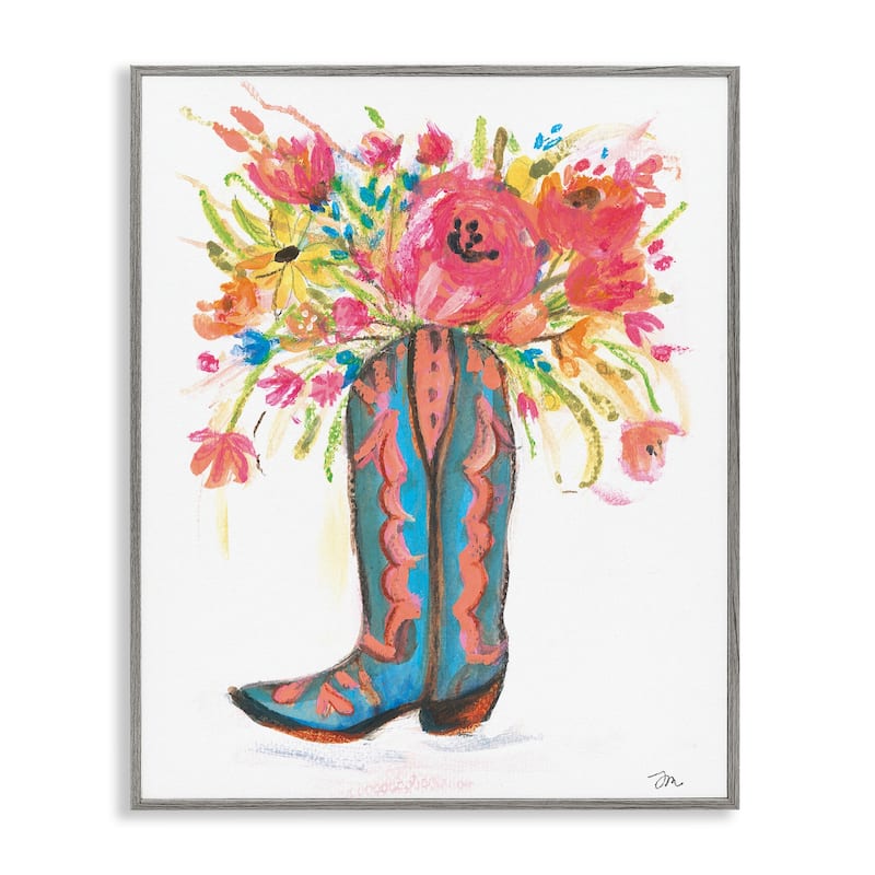 Stupell Floral Cowgirl Boot Pastels Framed Giclee Art Design By Jessica Mingo - 11 x 14 - Grey