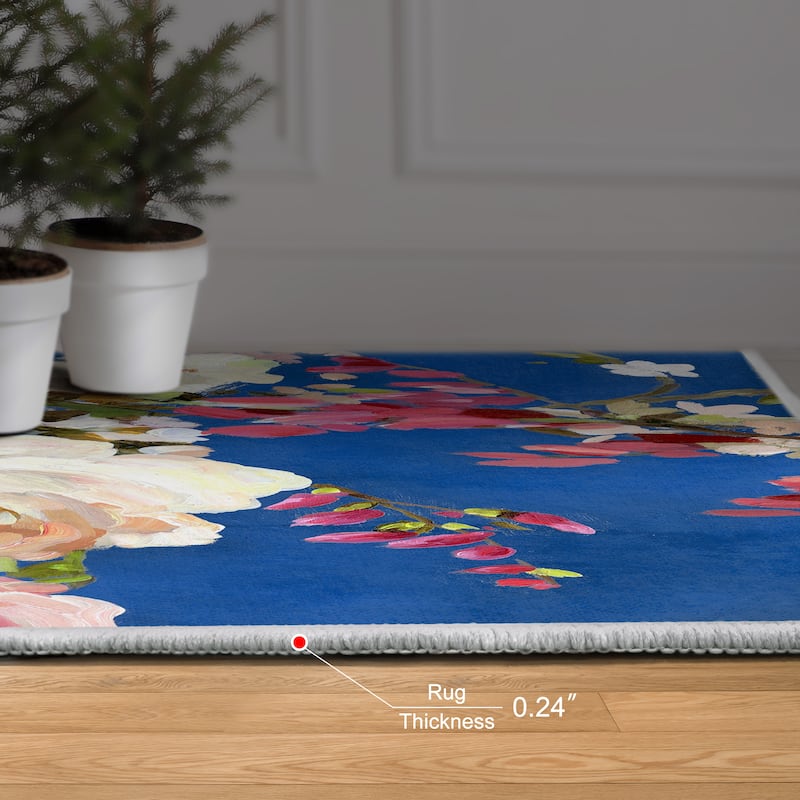 Midnight Flowers I, Hand Washable Art Area Rug, power-loomed, 100% polyester, 2mm pile, non-slip back