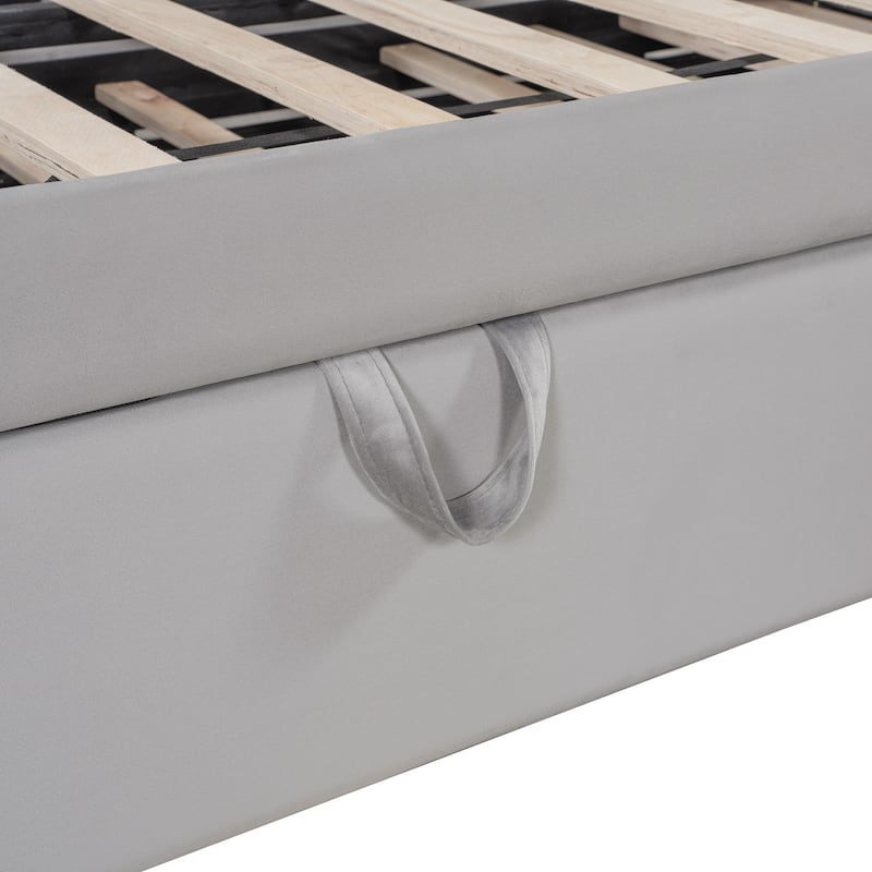 Full Size Daybed with Pull-Out Lift-Up Trundle, Upholstered Daybed Platform Bed with Stripes L-Shaped Backrest and Wood Slats