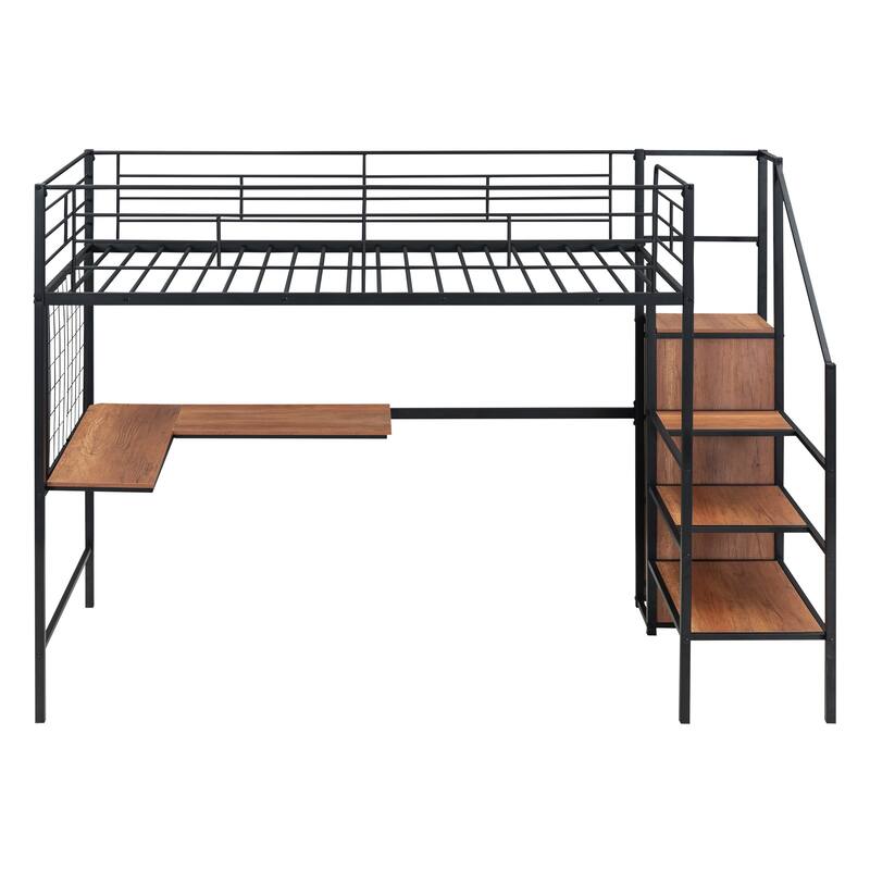 Twin Size Metal Loft Bed with Desk, Metal Grid, Storage Ladder, and Wardrobe