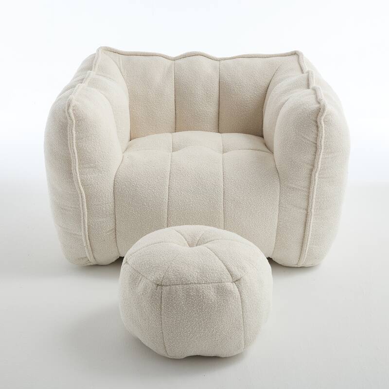 Extra-Large Chenille Bean Bag Chair with Footstool, Comfy Bean Bag Sofa for Adults, High Resilient Foam Square Lazy Sofa
