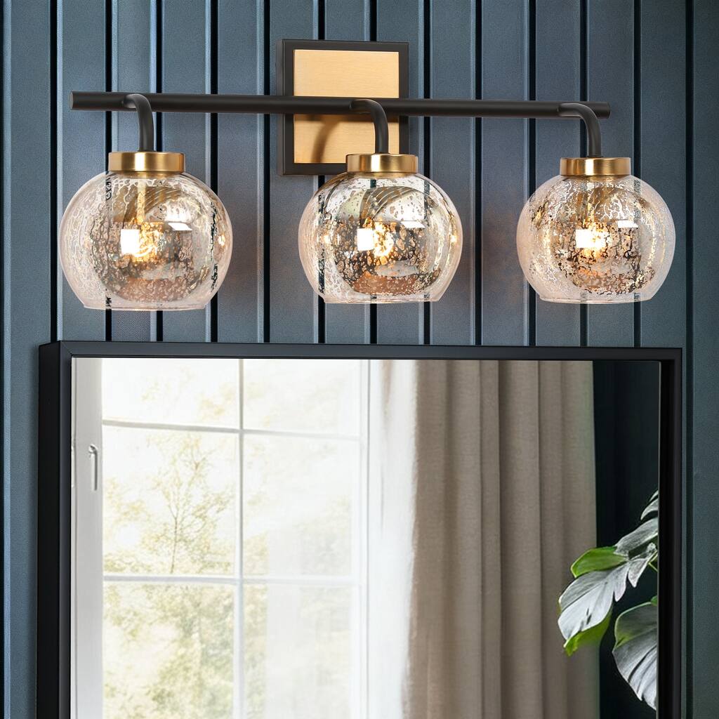 Ziv Modern 3-Light Black Gold Bathroom Vanity Lights with Mercury Globe Glass Shades