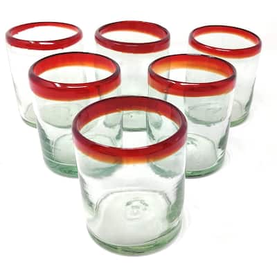 Dos Sueños Hand Blown Mexican Drinking Glasses - Set of 6 Red Rim Tumbler Glasses (10 oz each)