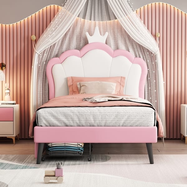 slide 2 of 20, Twin Size PU Upholstered Princess Bed with Crown Headboard & 2 Drawers Pink - Twin