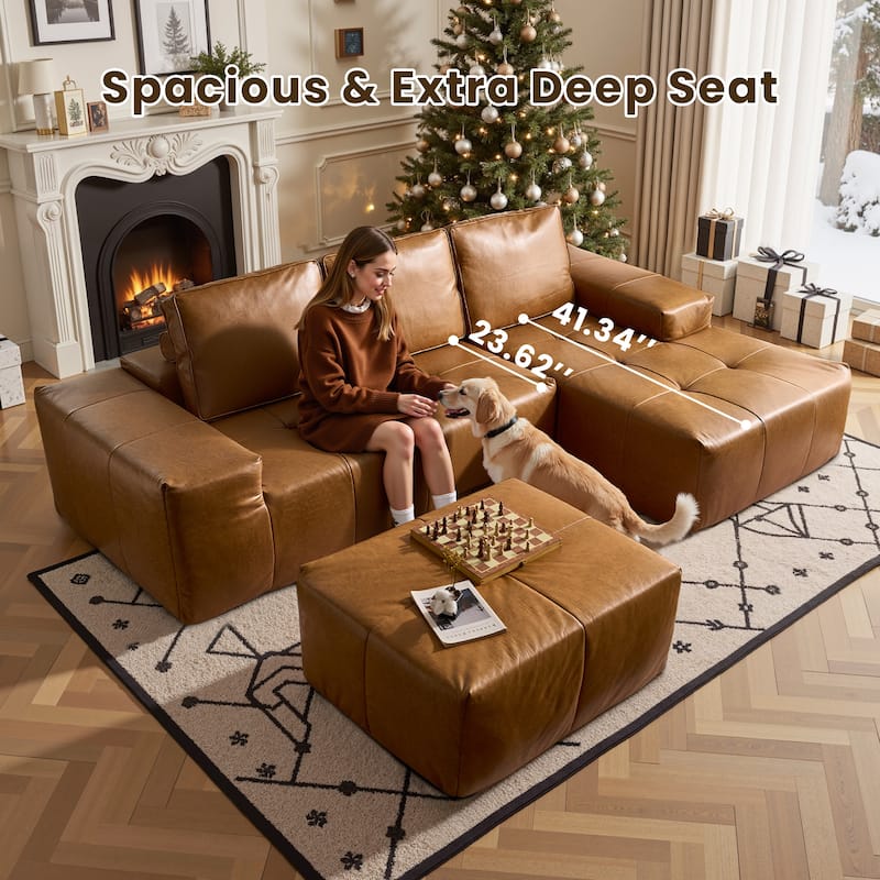 HOOOWOOO Mid-Century Modern Leather L-shaped Sectional Sofa Couch with Ottoman