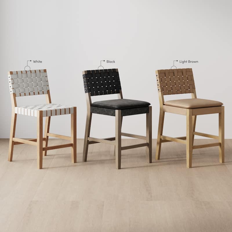 Nathan James Cohen Faux Leather Counter or Bar Height Stool, Solid Wood Frame with Footrest and Woven Leather Back